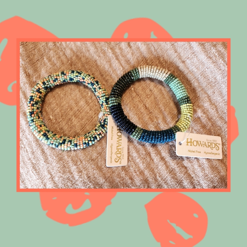 NWT Two teals, Peach, Greens beaded Stretch bracelets